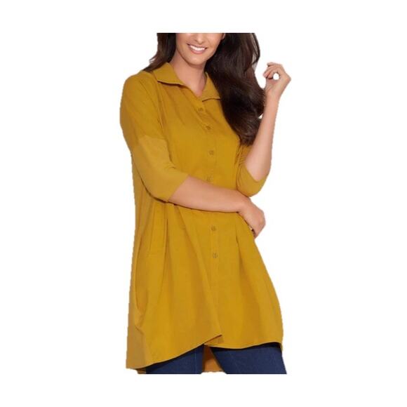 Stella Carakasi Tunic Womens Large Mustard Mixed Media Organic Pockets Lagenlook - Picture 2 of 13